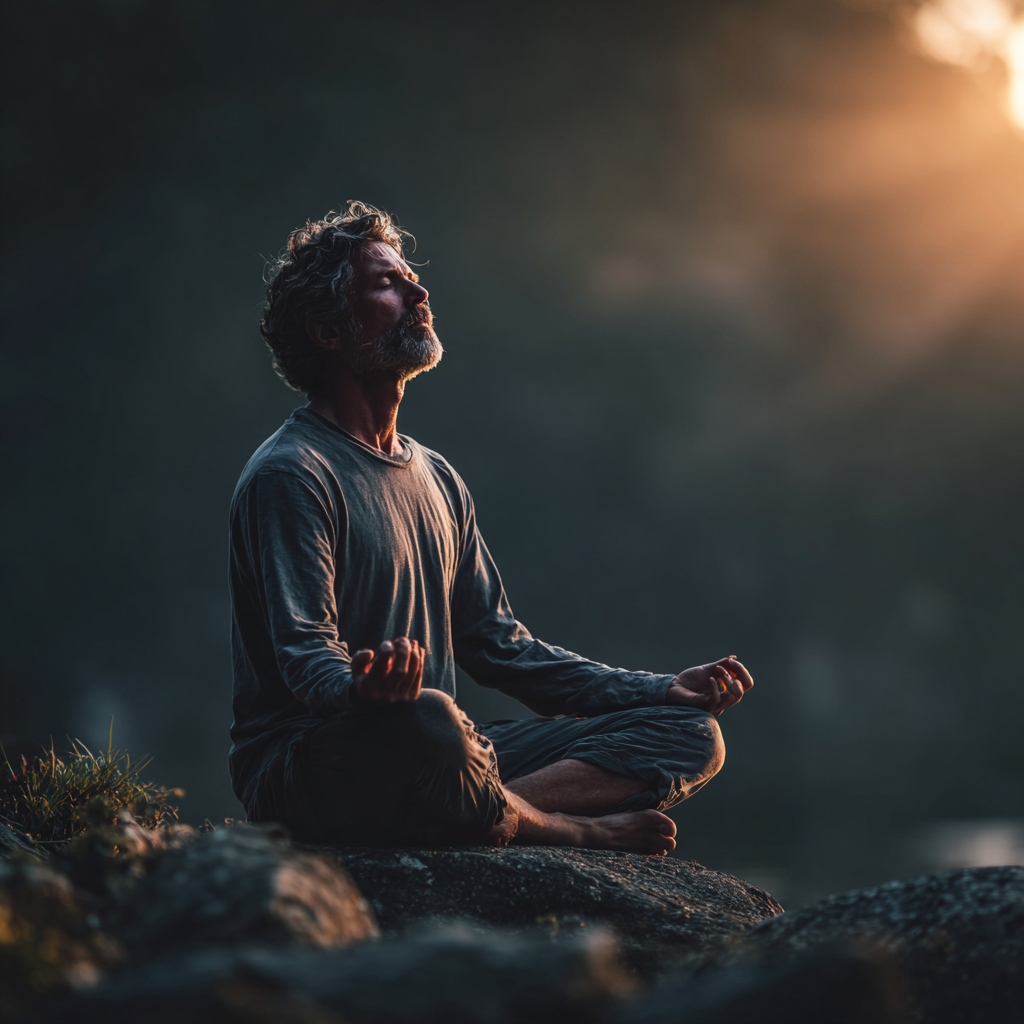 Determined man meditating in peaceful environment showing mental strength
